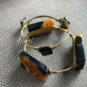 Set of 2 gold wire and stone bangle bracelets